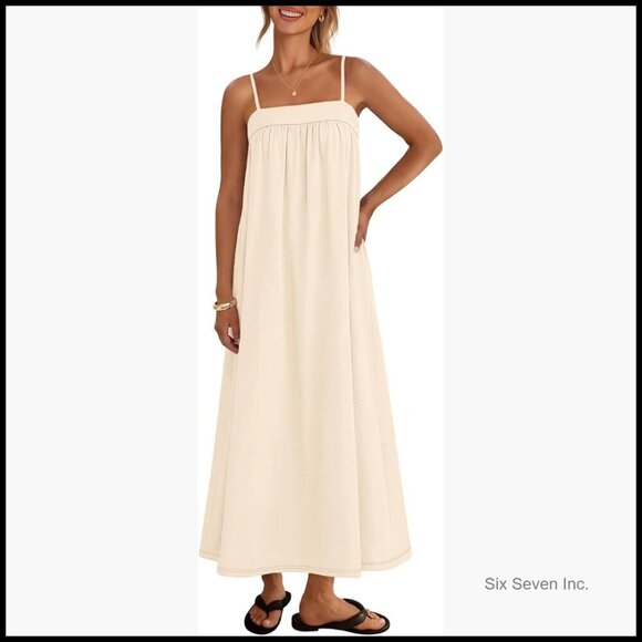 Dresses & Skirts - Linen Blend Maxi Sundress with Spaghetti Straps and Pockets